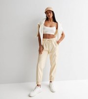 New Look Petite Off White Leather-Look Tie Waist Cargo Joggers